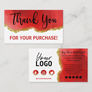 Red White Gold Agate Glitter Thank You Order Business Card