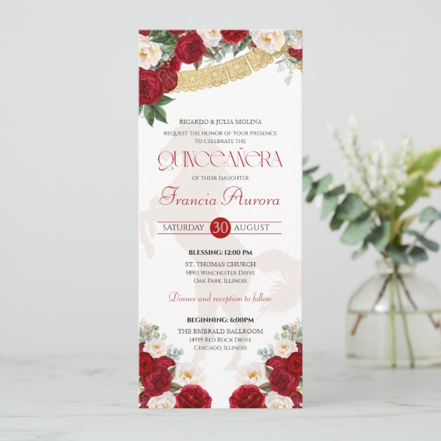 Red White Gold Blooms Papel Picado Charro Quince I Invitation (Standing Front)
