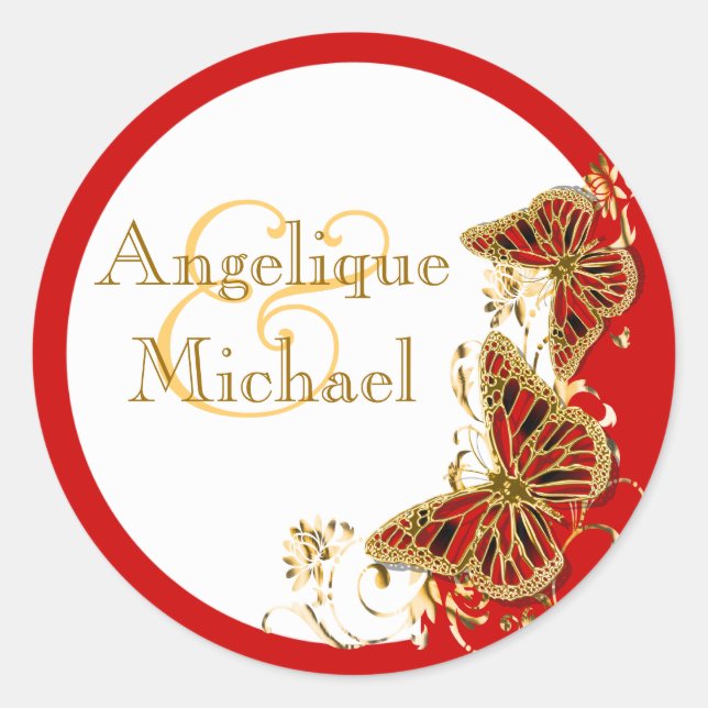 Red white gold butterfly wedding classic round sticker (Front)