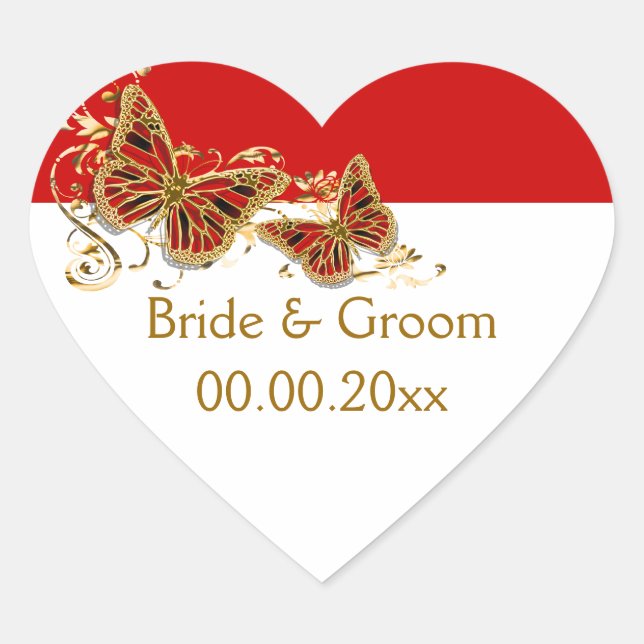 Red white gold butterfly wedding heart sticker (Front)