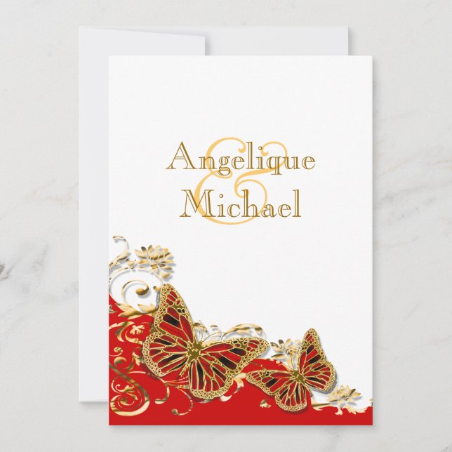 Red white gold butterfly wedding invitation (Front)