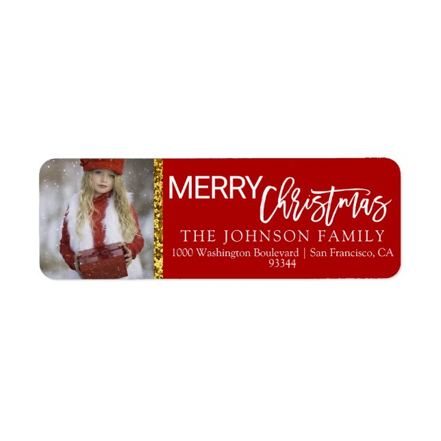 Red White Gold Christmas Add PHOTO Return Address (Front)