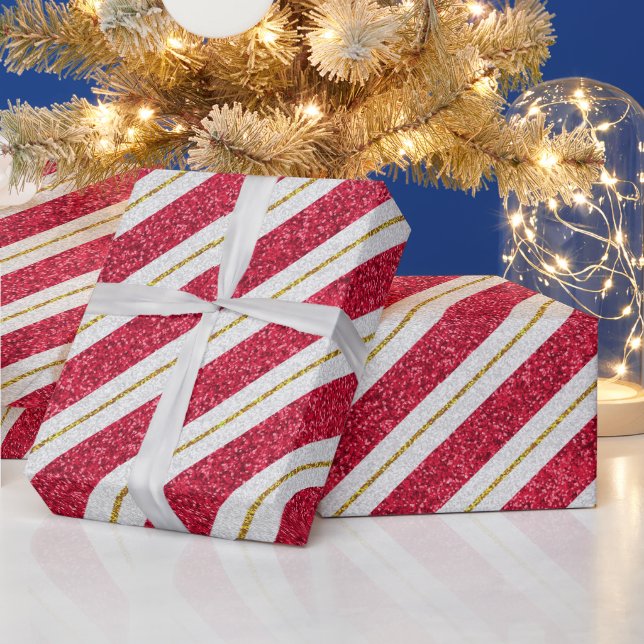 Red, White & Gold Diagonal Stripe Holiday Glitter Wrapping Paper (Holidays)