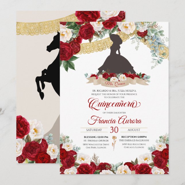 Red White Gold Elegant Floral Charro Quinceanera I Invitation (Front/Back)