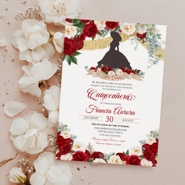 Red White Gold Elegant Floral Charro Quinceanera Invitation (Creator Uploaded)