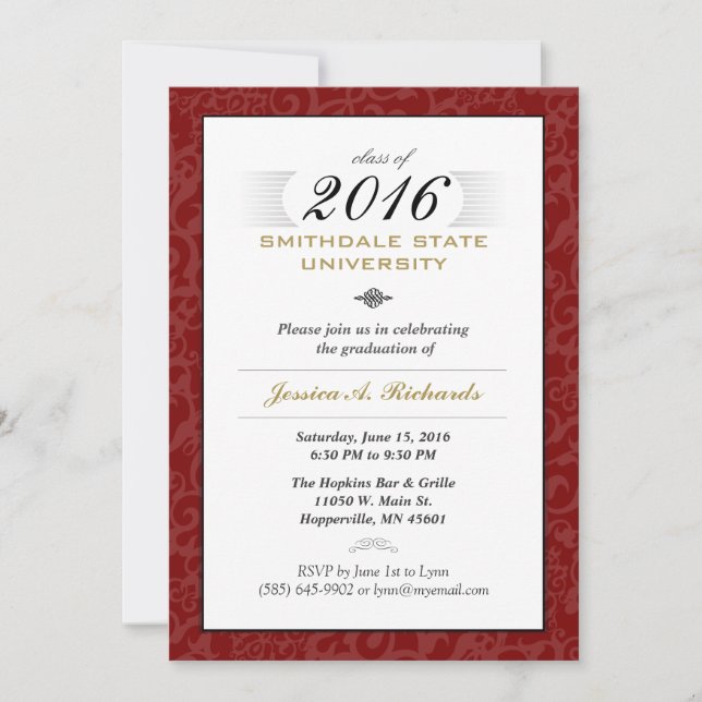 Red White & Gold (for her) Elegant Grad Invite (Front)