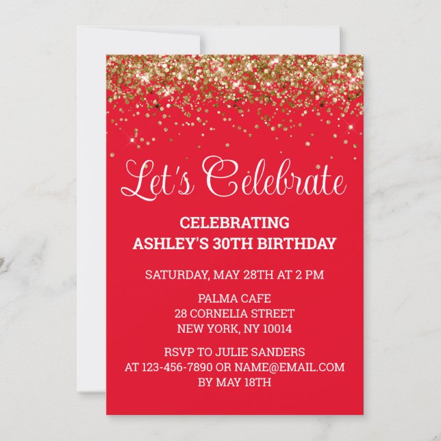 Red White Gold Glitter 30th Birthday Party Thirty Invitation (Front)