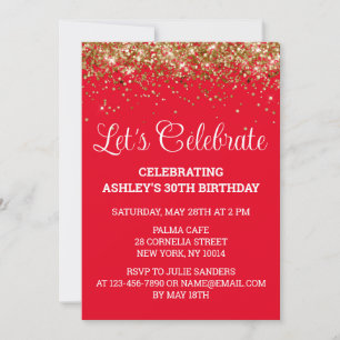 Red White Gold Glitter 30th Birthday Party Thirty Invitation