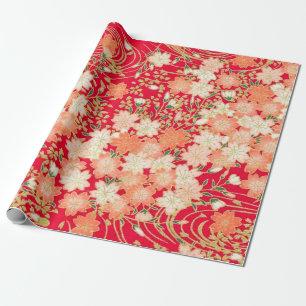 Red White Gold Japanese Kimono Floral Decoupage Wrapping Paper