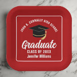 Red White Graduate 2025 Graduation Party Square Paper Plate<br><div class="desc">This modern red and white custom graduation party paper plate features classy typography of your high school or college name for the class of 2025. Customize with your graduating year under the chic handwritten script and black grad cap for great personalized graduate decor.</div>