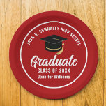 Red White Graduate Custom 2024 Graduation Party Paper Plate<br><div class="desc">This modern red and white custom graduation party paper plate features classy typography of your high school or college name for the class of 2024. Customize with your graduating year under the chic handwritten script and black grad cap for great personalized graduate decor.</div>