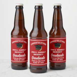Red White Graduate Custom 2025 Graduation Party Beer Bottle Label