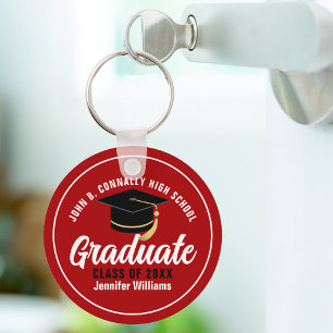 Red White Graduate Modern Customized Graduation Keychain