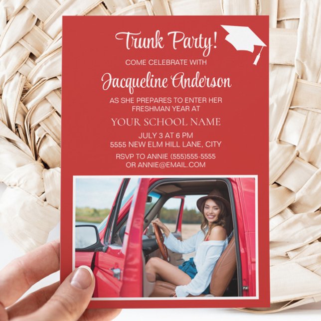 Red White Graduation Cap College Trunk Party Photo Invitation (Red graduation Trunk Party photo invitation)
