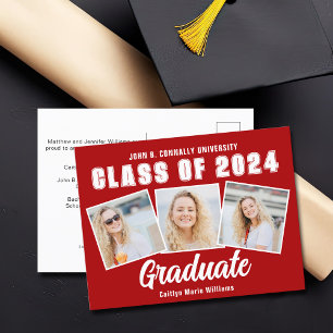 Red White Graduation Photo Collage 2025 Graduate Announcement Postcard