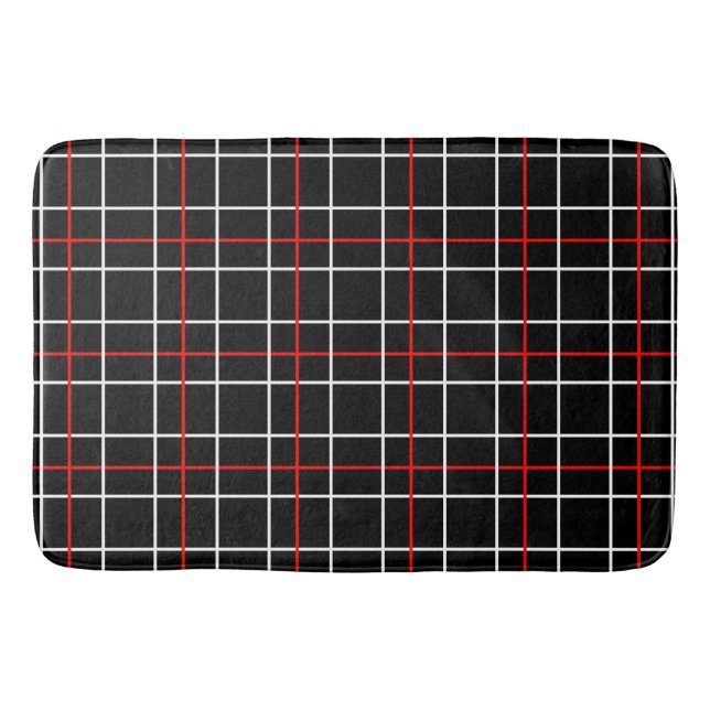 Red White Graphical Lines Black Plaid Design  Bath Mat (Front)