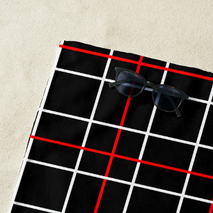 Red White Graphical Lines Black Plaid Design Beach Towel