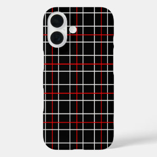 Red White Graphical Lines Black Plaid Design iPhone 16 Case
