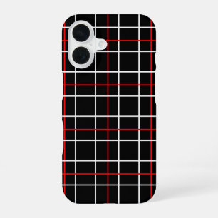 Red White Graphical Lines Black Plaid Design  iPhone 16 Case