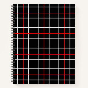 Red White Graphical Lines Black Plaid Design Notebook