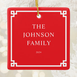 Red White Greek Key Border Family Photo Ceramic Ornament