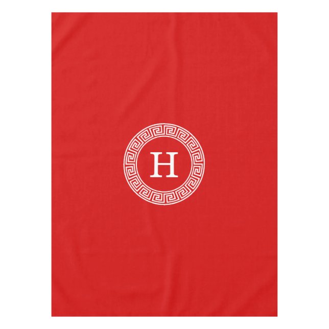 Red White Greek Key Rnd Frame Initial Monogram Tablecloth (Front)