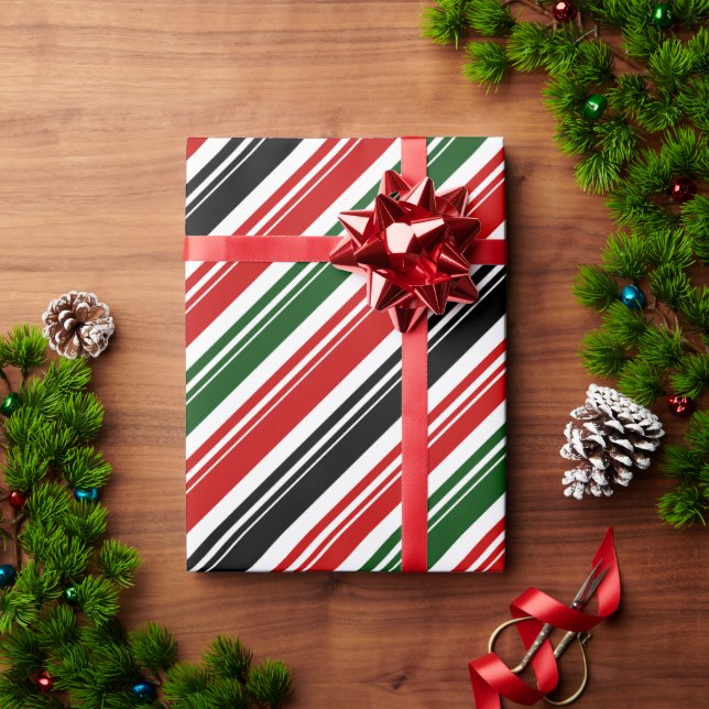 Red White Green Black Candy Cane Stripe Holiday Wrapping Paper (Holiday Gift)