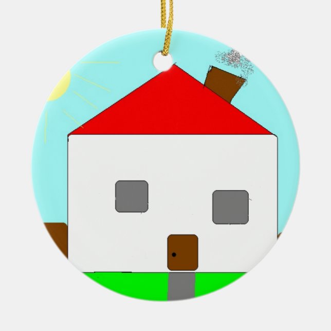 Red White Green Blue House Drawing, Art By Kids :) Ceramic Ornament (Front)