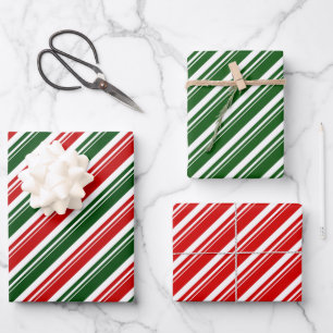 Red White Green Candy Cane Stripe Holiday Wrapping Paper Sheet