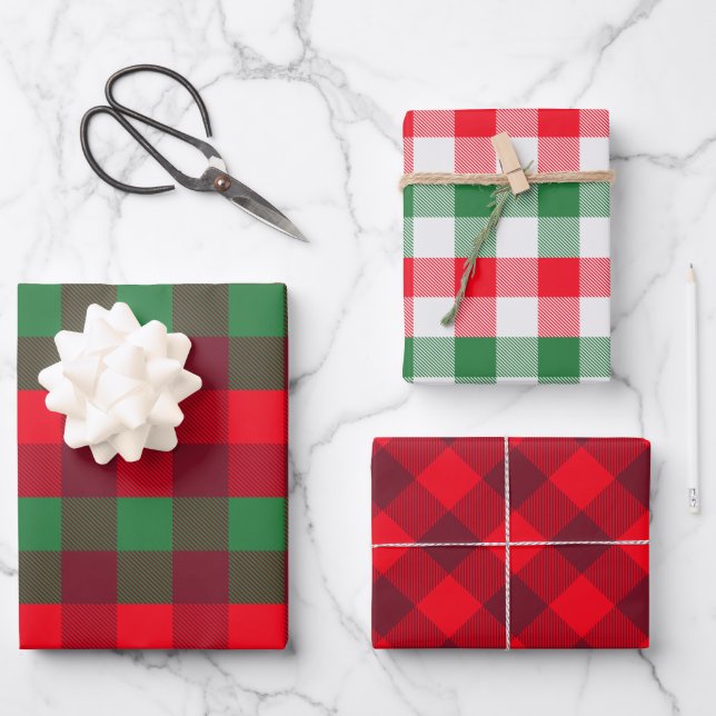  Red, White, Green Christmas Buffalo Plaid Pattern Wrapping Paper Sheet (Front)