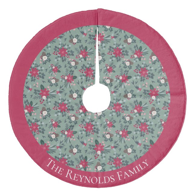 Red White Green Christmas Flowers Personalized Fleece Tree Skirt (Front)