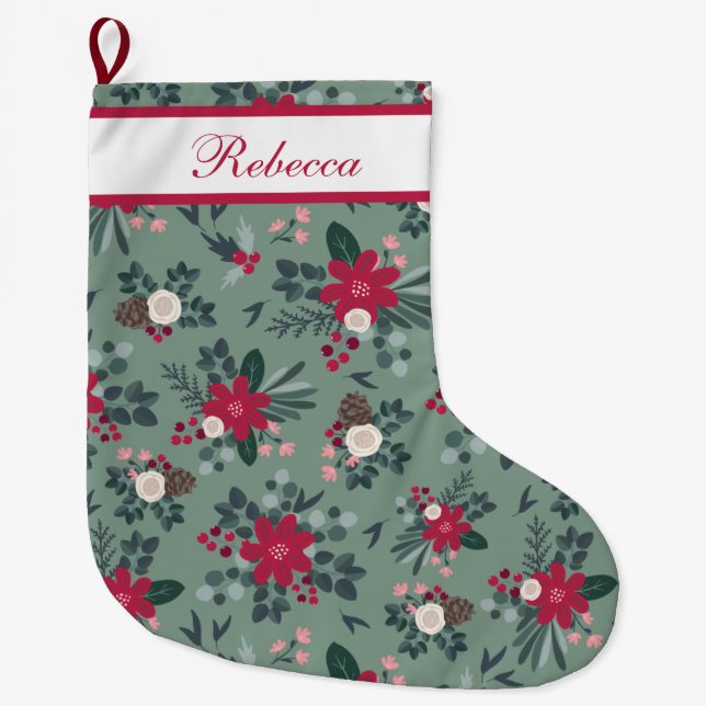 Red White Green Christmas Flowers Personalized   Large Christmas Stocking (Front)