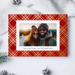 Red White Green Christmas Gold Lines Plaid Foil Holiday Card