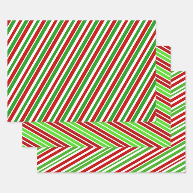 Red, White & Green Christmas Stripes Pattern Wrapping Paper Sheet (Set)