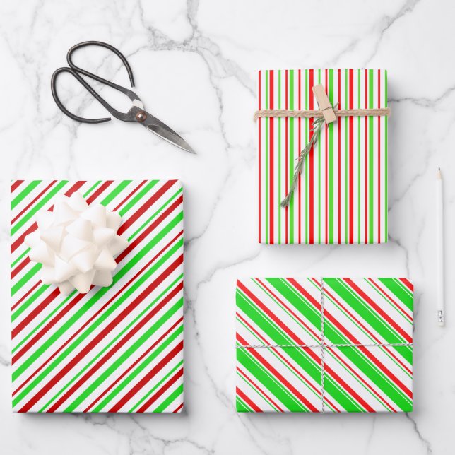 Red, White, Green Christmas Style Striped Patterns Wrapping Paper Sheet (Front)