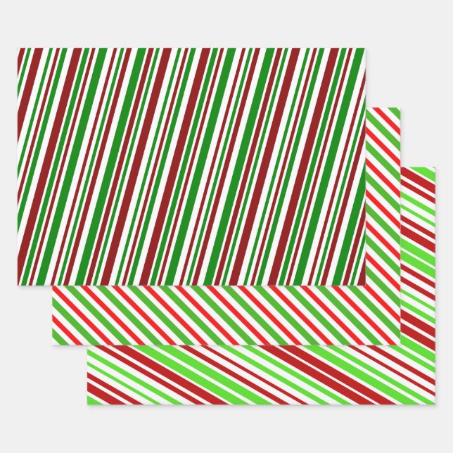 Red, White, Green Christmas-Style Stripes Pattern Wrapping Paper Sheet (Set)