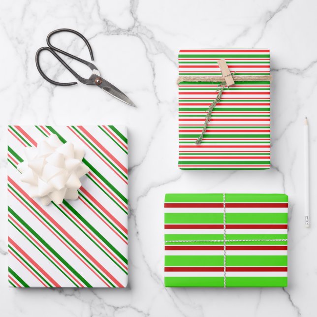Red, White, Green Christmas Style Stripes Patterns Wrapping Paper Sheet (Front)