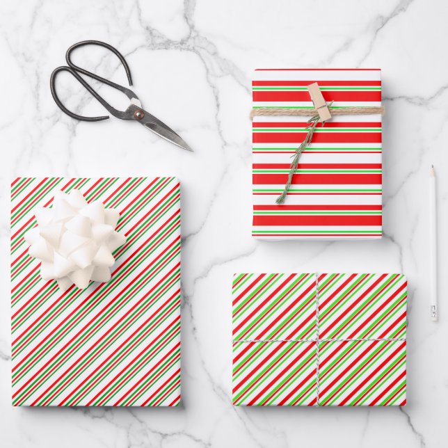 Red, White, Green Christmas-Style Stripes Patterns Wrapping Paper Sheet (Front)