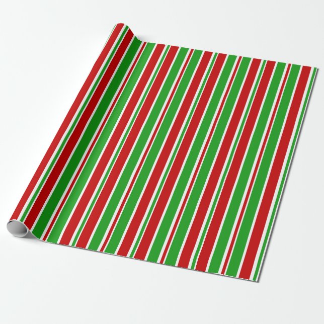 Red, White, Green Christmas Themed Stripes Wrapping Paper (Unrolled)