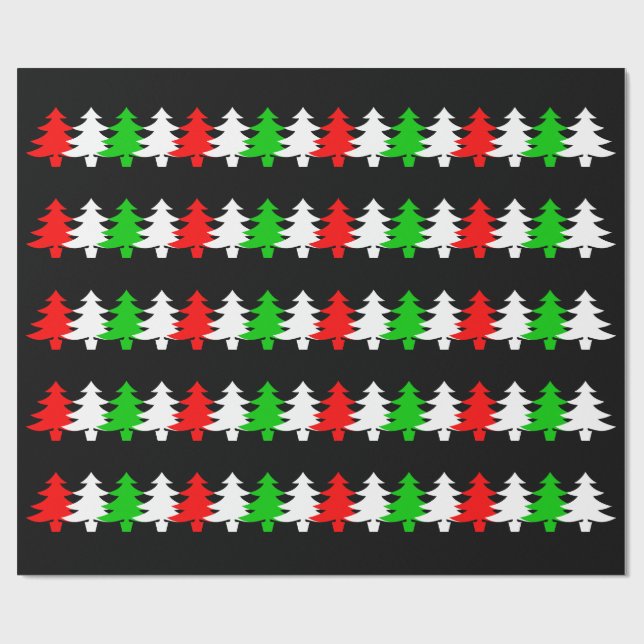 Red, White, Green Christmas Tree Icons Pattern Wrapping Paper (Flat)