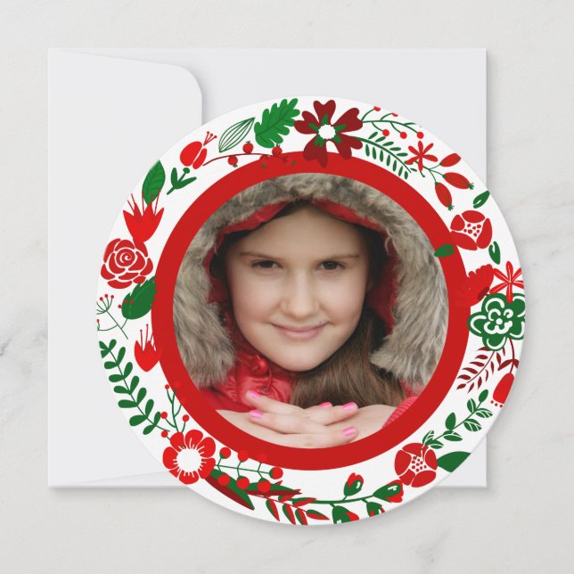 Red White & Green Christmas Wreath Photo Frame Holiday Card (Front)
