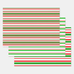 Red, White, Green Colored Christmas Style Lines Wrapping Paper Sheet
