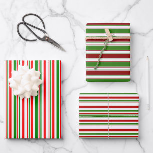 Red, White, Green Colored Christmas-Style Stripes Wrapping Paper Sheet