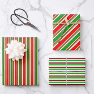Red, White, Green Colored Christmas Themed Lines Wrapping Paper Sheet
