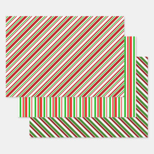 Red, White, Green Coloured Christmas Style Stripes Wrapping Paper Sheet