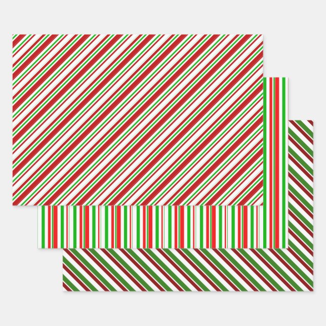 Red, White, Green Coloured Christmas Style Stripes Wrapping Paper Sheet (Set)