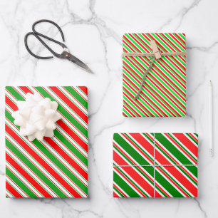 Red, White, Green Coloured Christmas Themed Lines Wrapping Paper Sheet