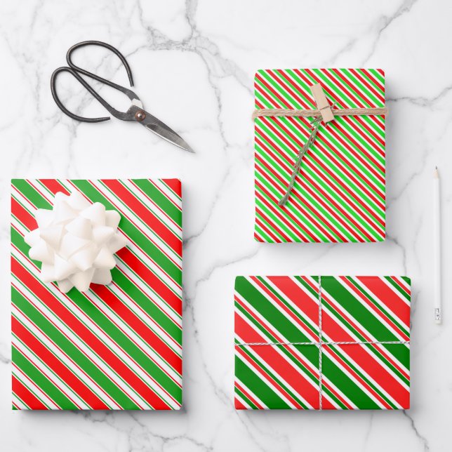 Red, White, Green Coloured Christmas Themed Lines Wrapping Paper Sheet (Front)
