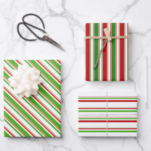 Red, White, Green Coloured Christmas Themed Lines Wrapping Paper Sheet