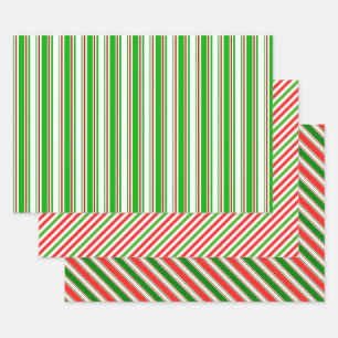 Red, White, Green Coloured Christmas-Themed Lines Wrapping Paper Sheet